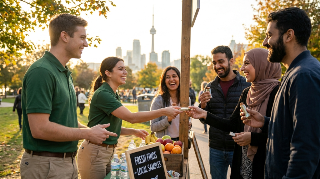 Brand activation Toronto brand ambassadors sampling a product to diverse attendees at an outdoor GTA activation