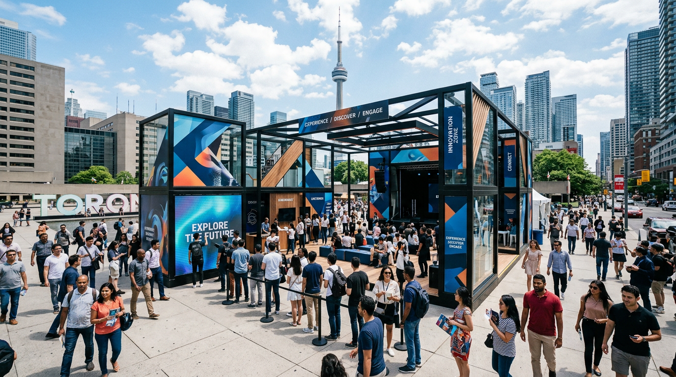 Brand activation in Toronto: a downtown experiential installation drawing a diverse crowd on a busy plaza in Ontario