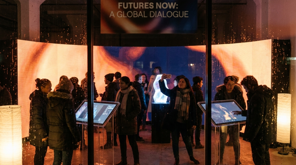 Brand activation Toronto immersive LED pop-up experience at night with diverse visitors exploring interactive displays