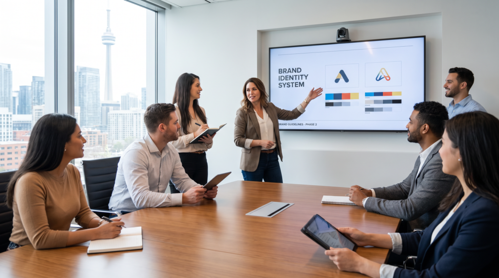 Toronto branding agency strategist presenting a brand identity system to clients in a bright boardroom