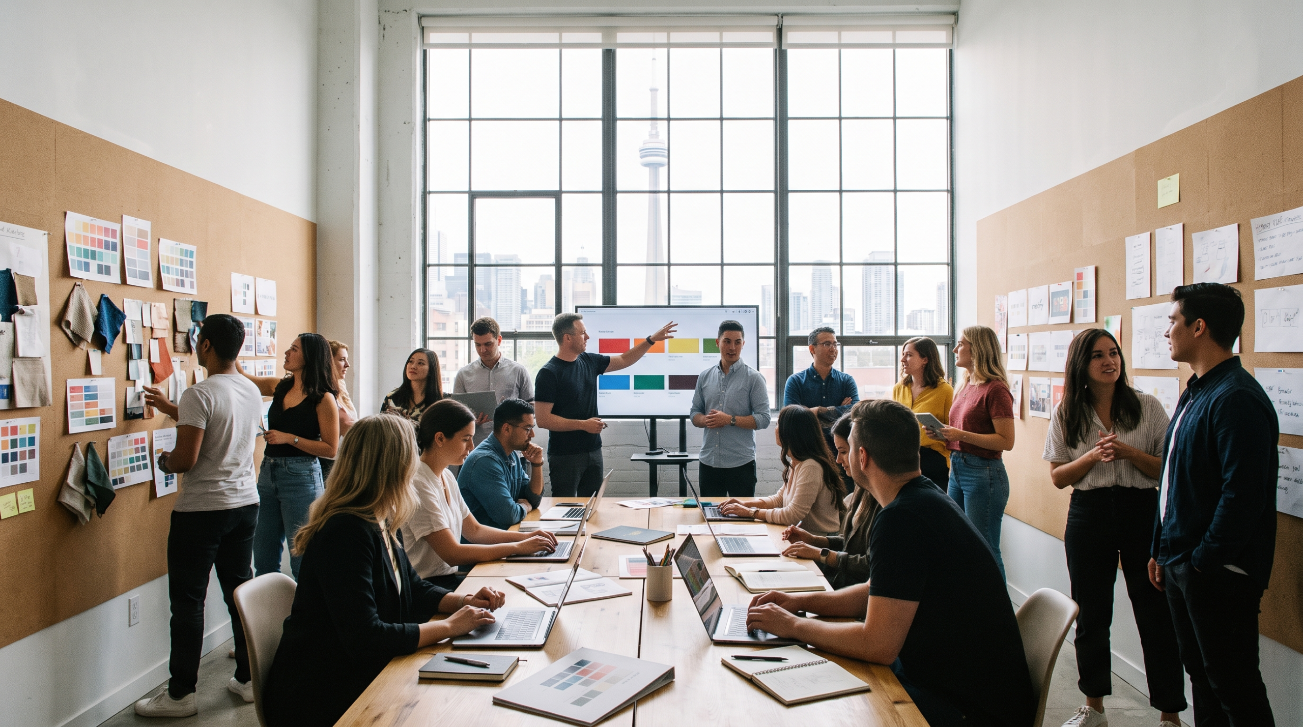 Branding agency in Toronto creative team collaborating in a studio with mood boards and the CN Tower skyline behind