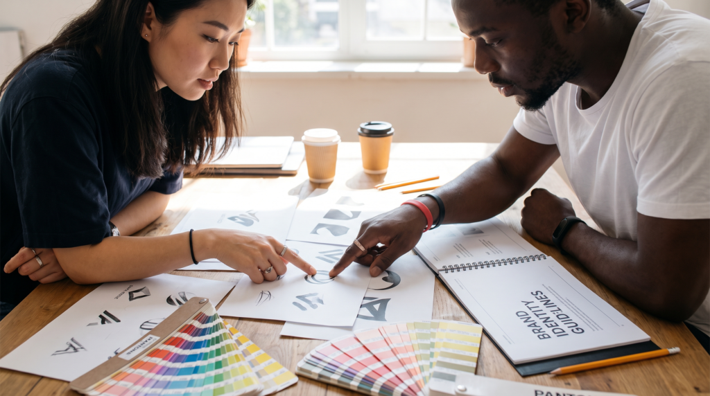 Branding agency in Toronto designers reviewing logo concepts and colour palette swatches on a studio table