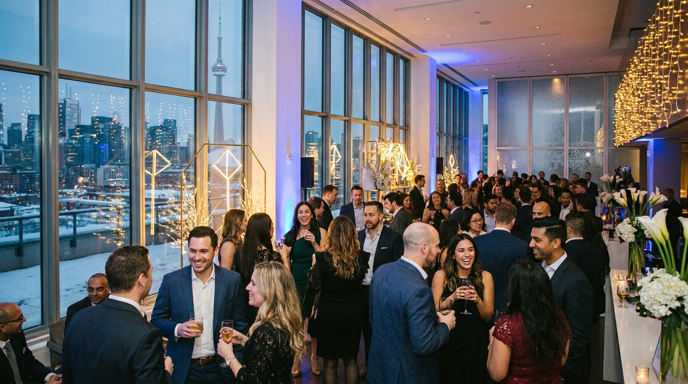 Corporate holiday party in Toronto with diverse professionals celebrating at an elegant downtown venue in winter