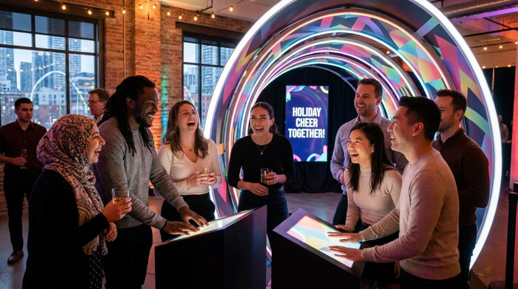Employees enjoying an interactive branded experience station at a corporate holiday party in Toronto