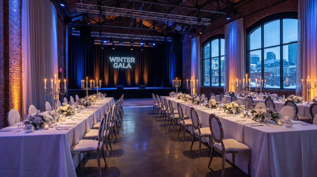 Winter wonderland themed corporate holiday party venue in Toronto set with tables, stage and lighting