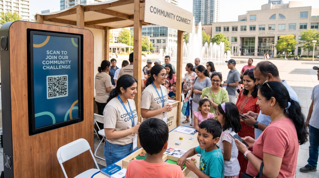 Brand ambassadors running a real-world brand activation booth at Mississauga Celebration Square with a digital campaign screen