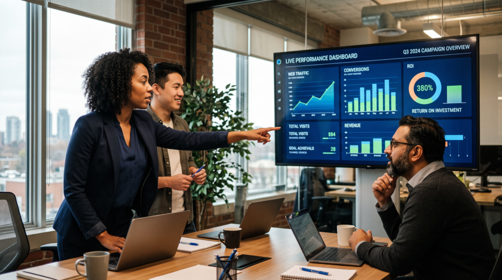Digital marketing strategist and client reviewing a live performance dashboard in a Mississauga agency meeting room