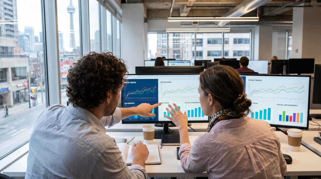 Digital marketing specialists reviewing SEO and paid-ads performance analytics on dual monitors in Toronto