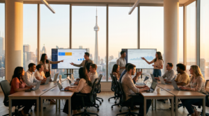 Digital marketing agency team in a downtown Toronto office with CN Tower skyline reviewing campaign dashboards