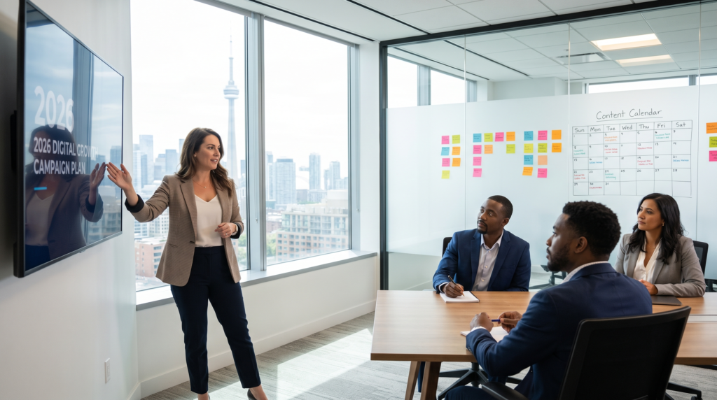 Marketing strategist presenting a 2026 digital growth plan to clients in a Toronto boardroom