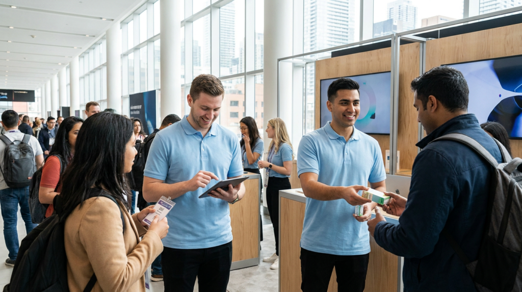 Brand ambassadors running an event marketing booth in Toronto, sampling a product and capturing leads on a tablet with diverse attendees