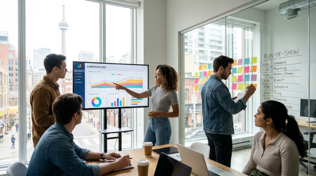 Event marketing team in Toronto reviewing an event campaign plan and ROI dashboard on a screen with a run-of-show timeline