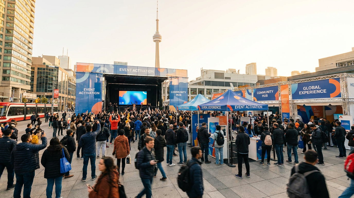 Event marketing activation in downtown Toronto with a branded stage and a large diverse crowd, CN Tower in the background