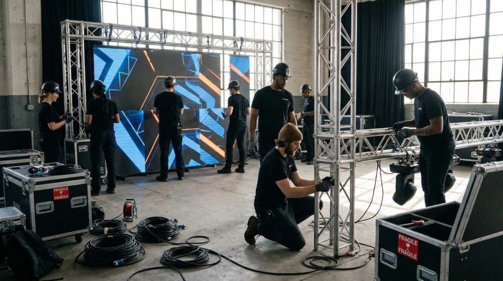 Event production crew building a branded stage set with lighting and LED backdrop at a Toronto venue