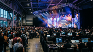 Event production in Toronto: a live brand event with a large LED stage, lighting rig, and diverse crowd at a Toronto convention venue