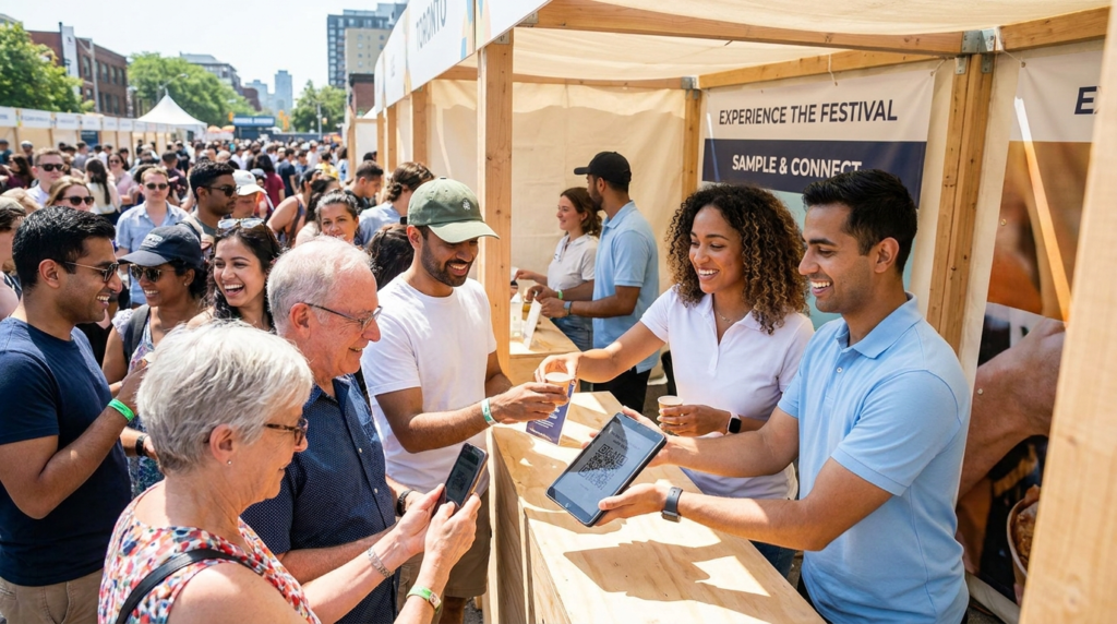 Event sponsorship brand ambassadors engaging attendees at a sponsored festival activation booth in Toronto