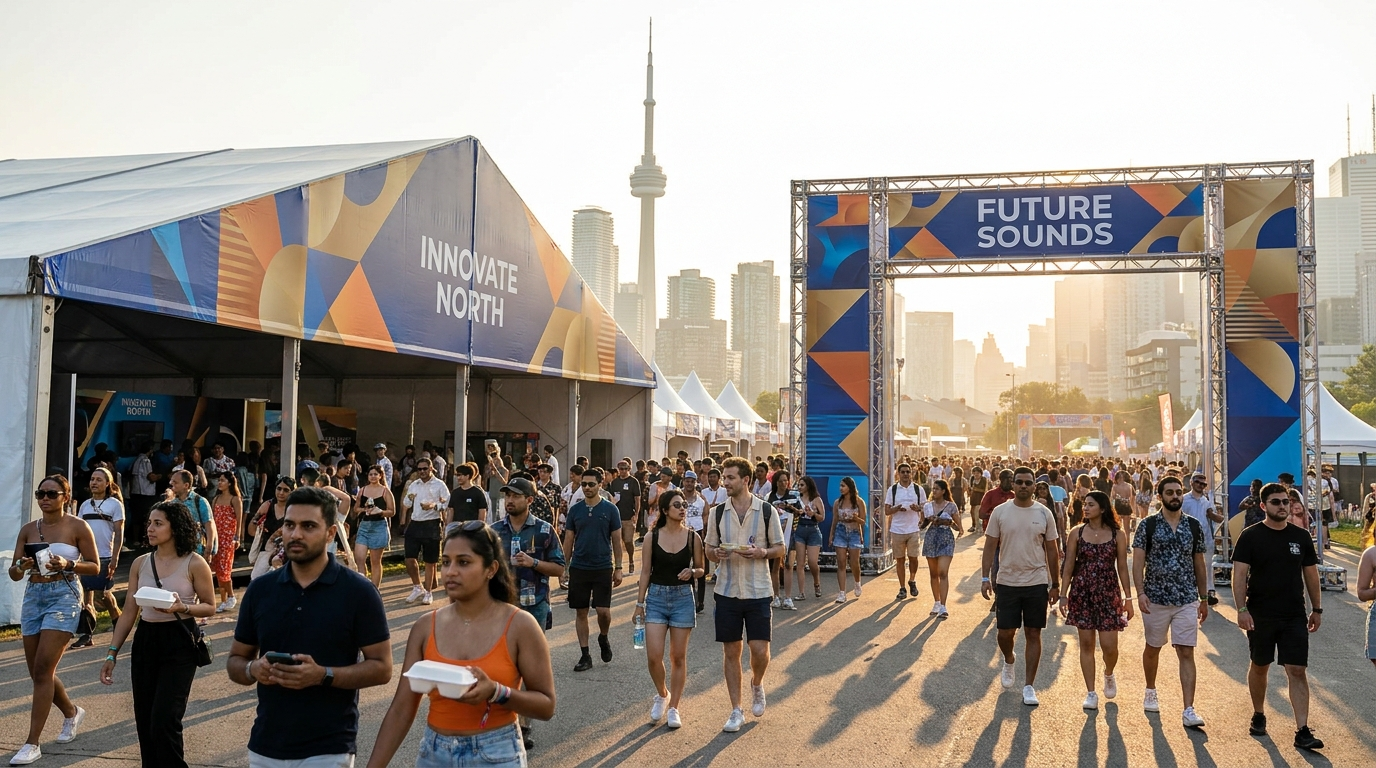 Event sponsorship activation at a Toronto summer festival with a branded pavilion and diverse crowd, GTA Ontario