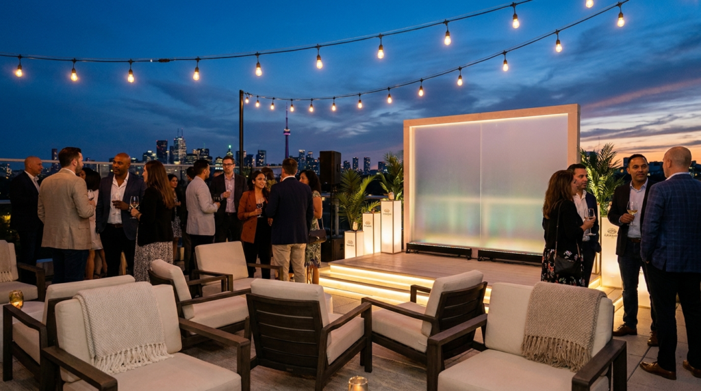 Premium event sponsorship hospitality lounge and stage activation at an evening event in Toronto, Ontario