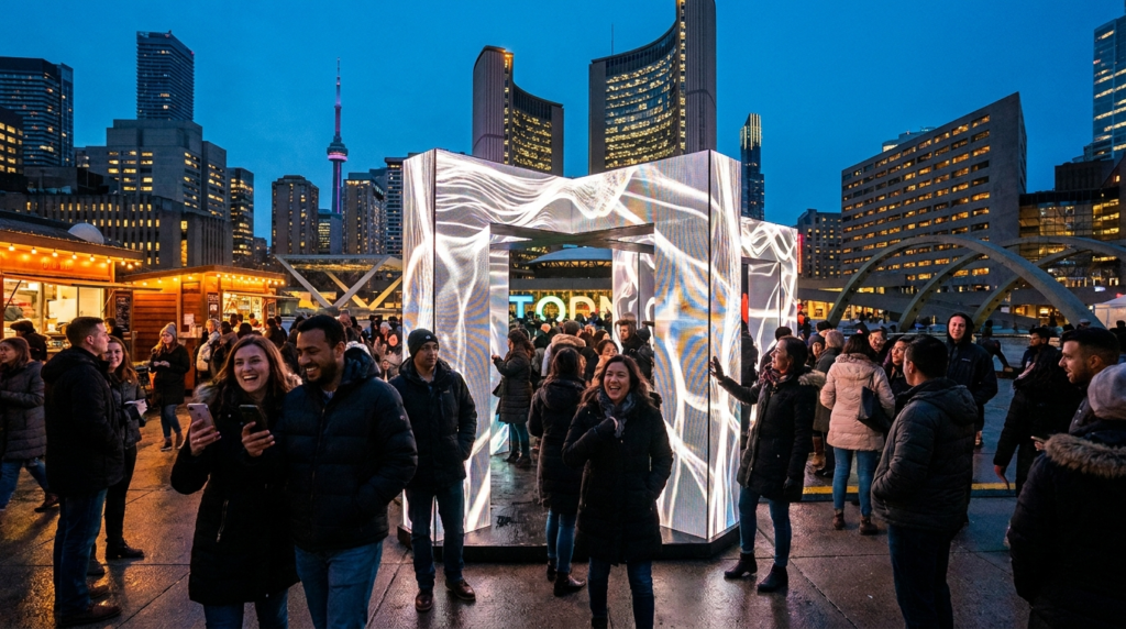 Experiential marketing companies Toronto illuminated LED brand installation with attendees at night in a downtown public square