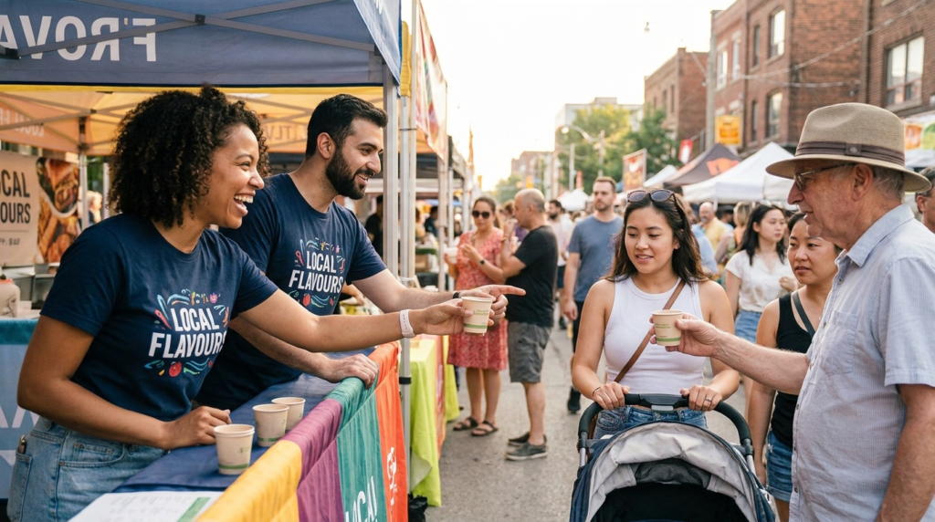 Experiential marketing Toronto brand ambassadors engaging diverse attendees at a GTA festival activation booth