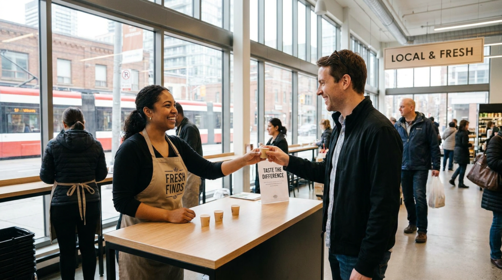 Field marketing brand ambassador handing a product sample to a shopper inside a Toronto grocery store, Ontario