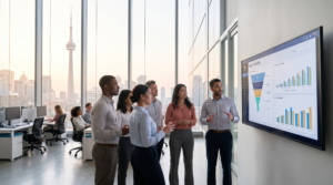Lead generation agency team in Toronto reviewing a B2B sales pipeline dashboard with the CN Tower skyline behind them