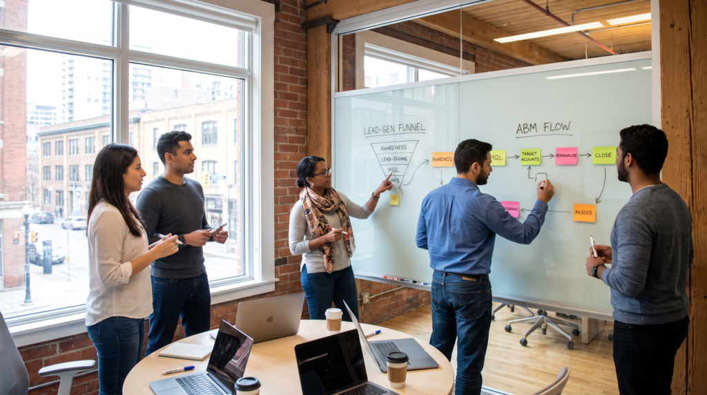 Lead generation agency strategists mapping a B2B lead funnel and account-based marketing flow on a glass whiteboard in Canada