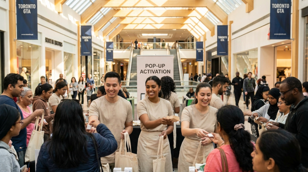 Brand ambassadors from a Canadian marketing agency running a live brand activation and product sampling in a GTA shopping centre