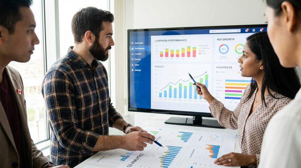 Canadian marketing agency team reviewing campaign ROI and analytics dashboards to measure brand growth