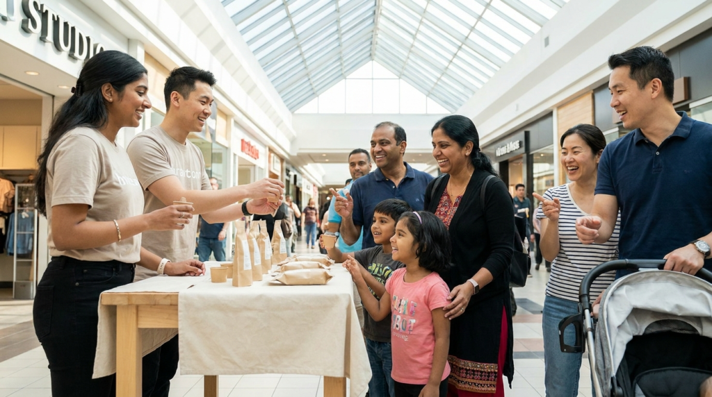 Brand ambassadors running an experiential brand activation at a Mississauga shopping centre for a marketing agency Mississauga campaign