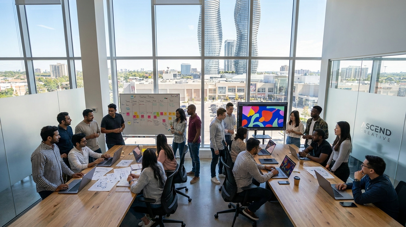 Marketing agency Mississauga team collaborating in a bright downtown Mississauga studio office near Square One