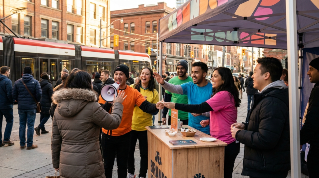 Marketing agency Toronto brand ambassadors running a live street activation in downtown Toronto