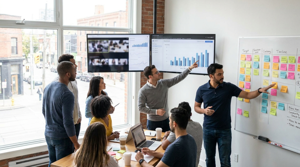 Marketing agency Toronto strategy team reviewing campaign analytics on screens in a GTA office