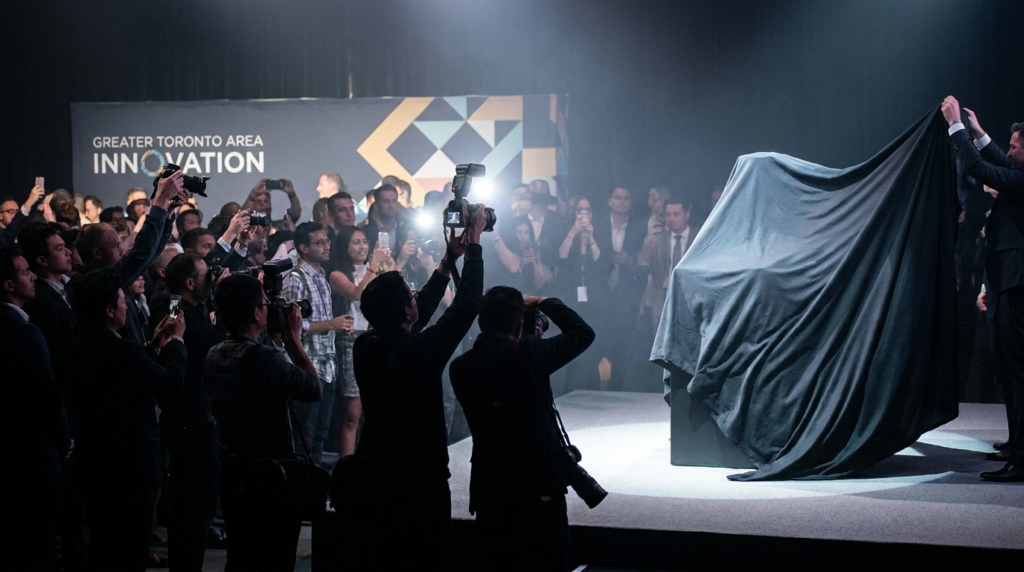 Press and guests capturing a product unveiling at a launch event in the Greater Toronto Area