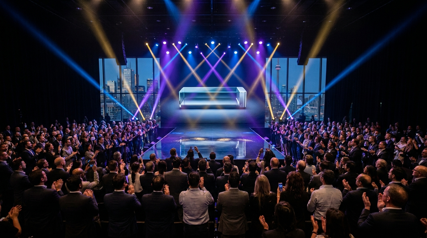 Product launch event in Toronto with a new product revealed on stage under spotlights before a diverse audience