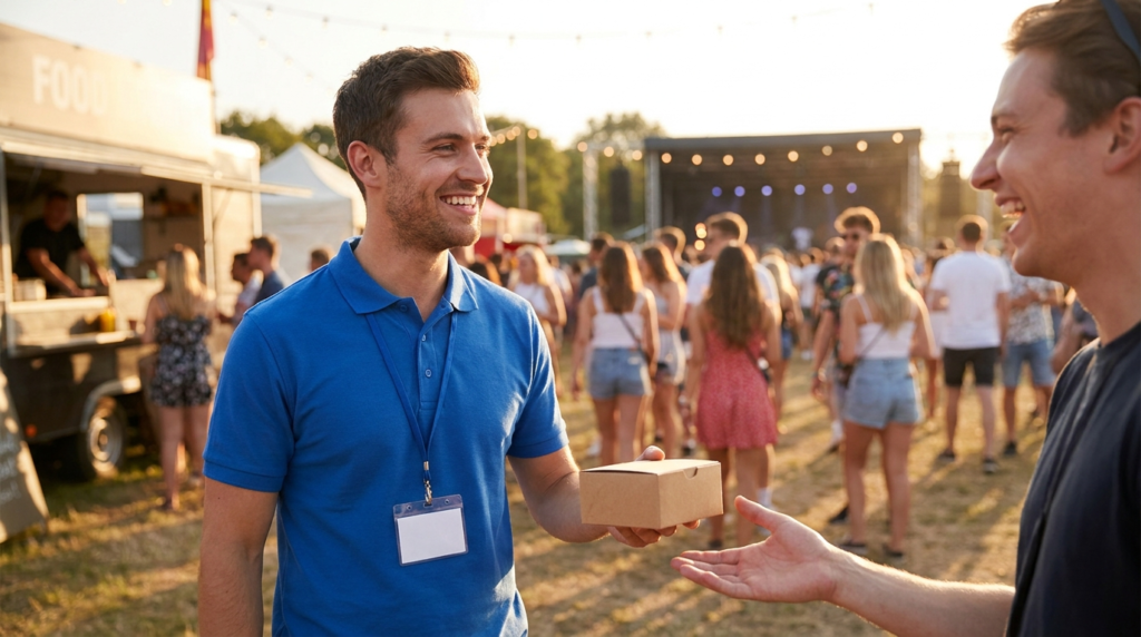 Brand ambassador handing a product sample to a festival-goer at an outdoor GTA summer festival activation