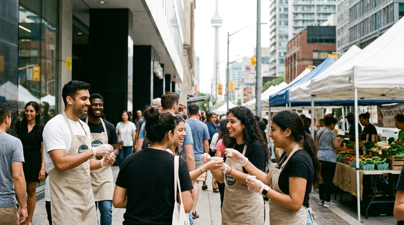 Product sampling activation on a downtown Toronto sidewalk with brand ambassadors handing free samples to passersby