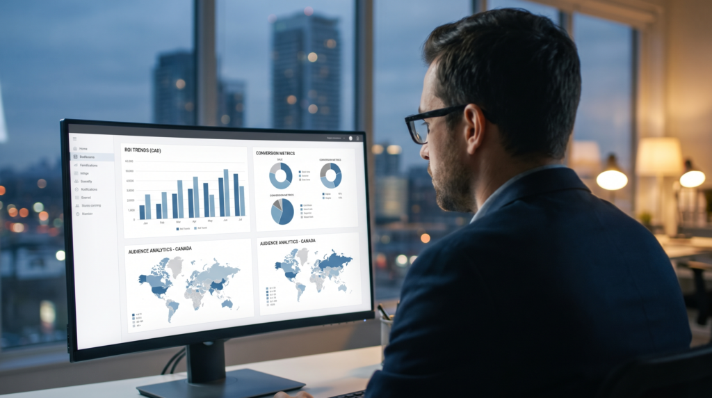 Marketing agency in Vaughan strategist reviewing campaign ROI and conversion analytics on a dashboard