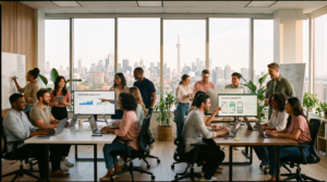 White label marketing agency team collaborating in a Toronto office, delivering campaigns for partner agencies across Canada