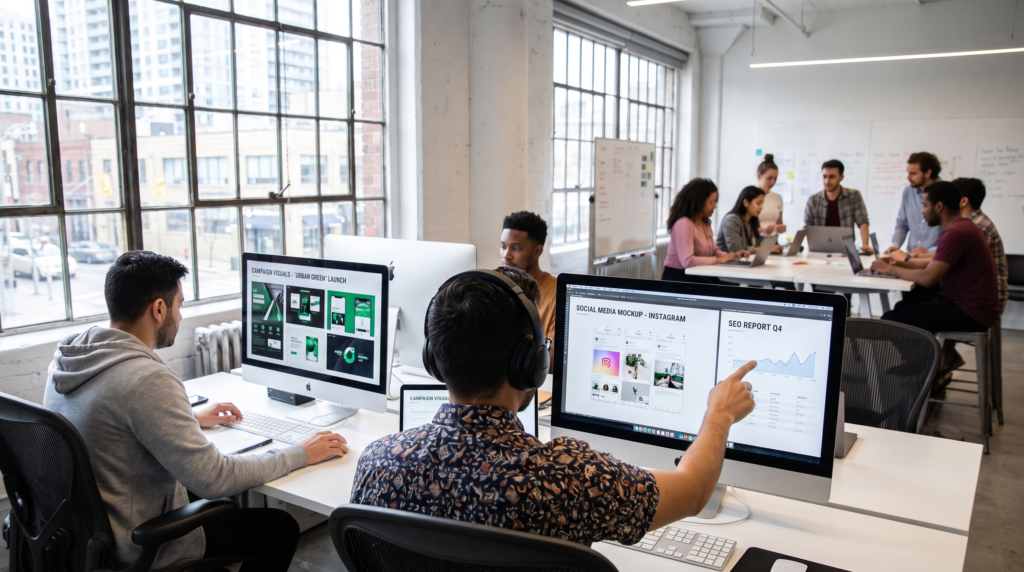 Creative team producing white label marketing deliverables and campaign content under a partner agency brand