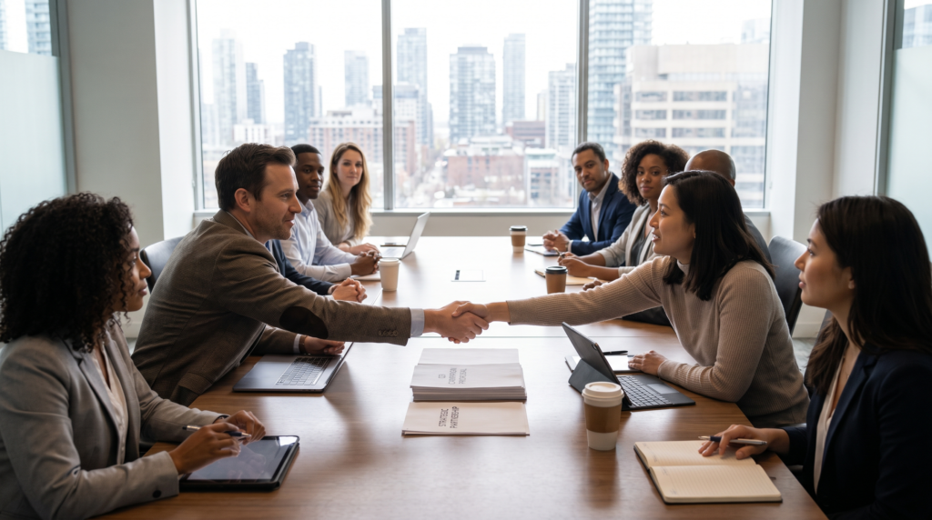 Agency partnership handshake over campaign deliverables, a white label marketing agency relationship in Toronto