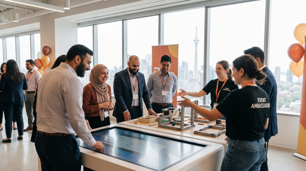 Corporate events in Canada: employees collaborating at an interactive team-building activation with brand ambassadors