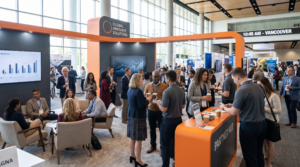 Event sponsors activation booth with brand ambassadors engaging a diverse crowd at a Canadian convention