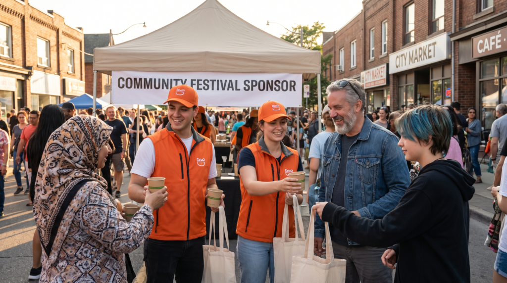 Event sponsors' brand ambassadors handing samples to a multicultural crowd at an outdoor Canadian festival