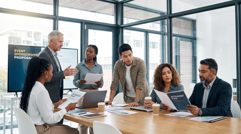 Marketing team reviewing an event sponsorship proposal and activation plan in a Canadian office boardroom