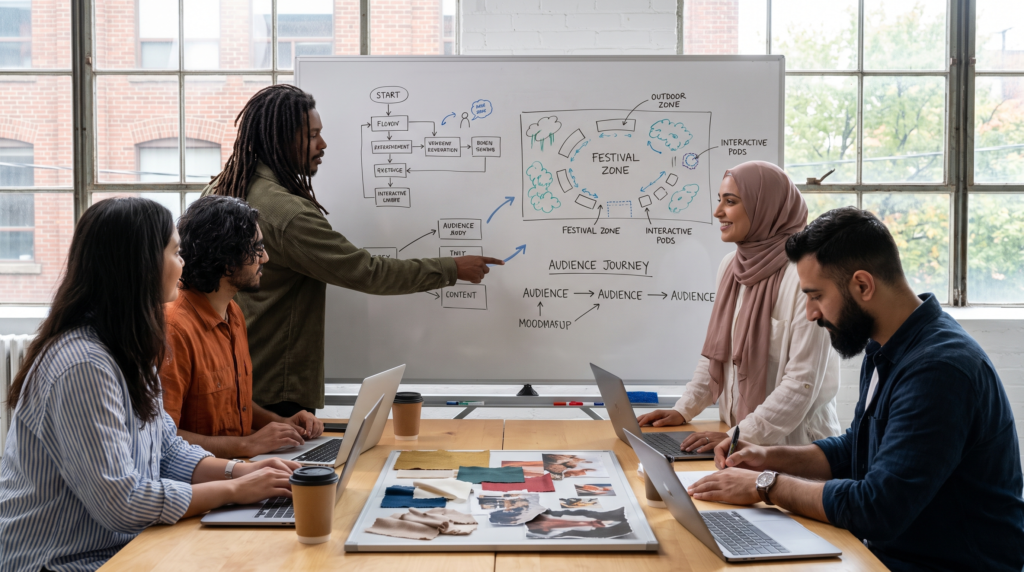 Experiential marketing agency team planning a brand activation campaign on a whiteboard in a Toronto studio