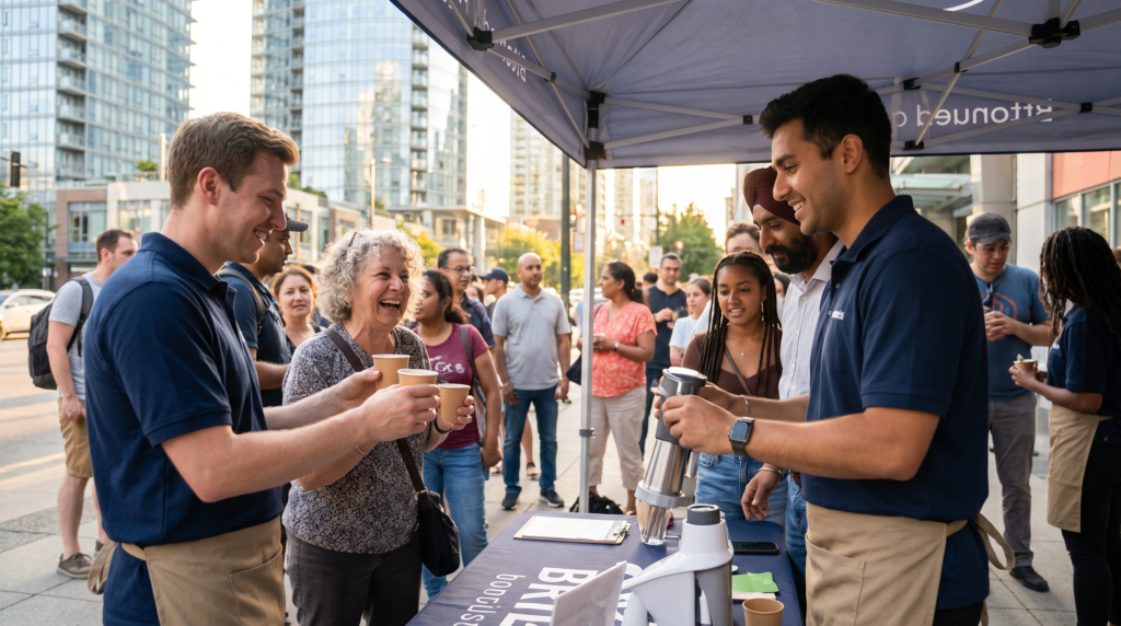 Experiential marketing brand ambassadors sampling a product to a diverse audience at a street-level activation in Ontario