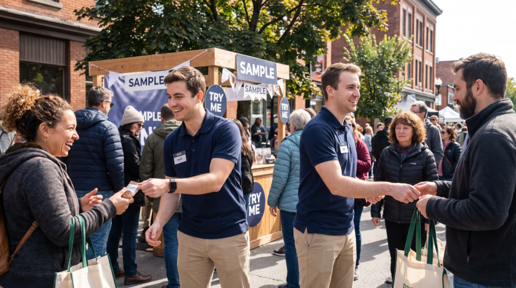 Experiential marketing brand ambassadors handing samples to multicultural attendees at a Canadian street festival activation