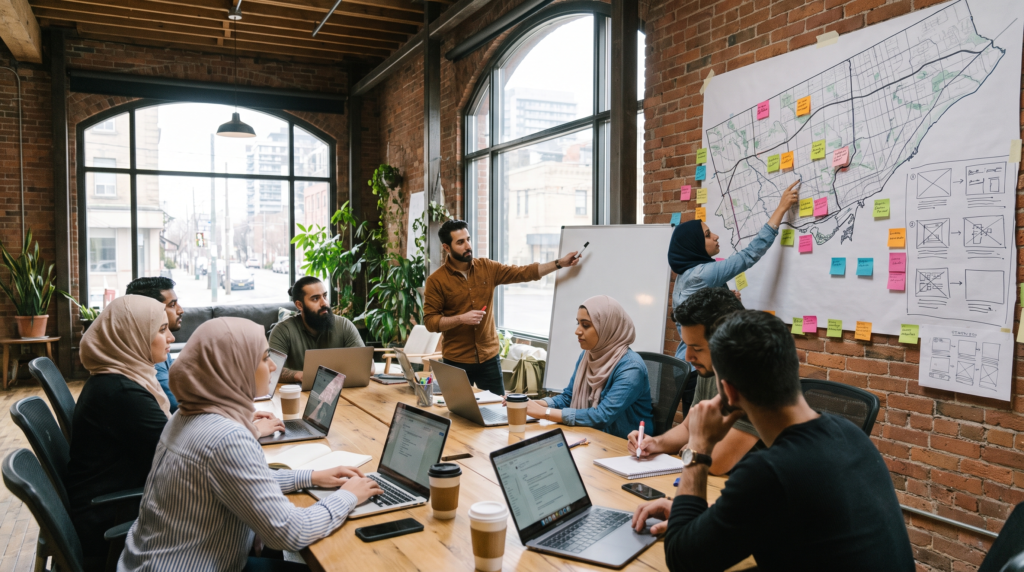 Marketing team planning a guerrilla marketing campaign at a Toronto agency studio