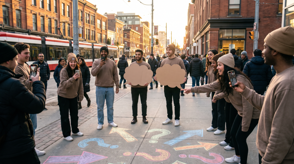 Guerrilla marketing flash activation with brand ambassadors on a Toronto street, Ontario